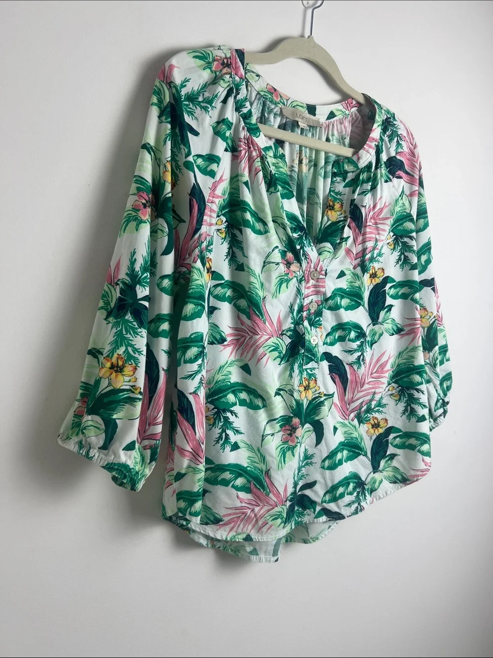 LOFT‎ Medium Tropical Floral Print 3/4 Puff Sleeve Cotton Blend Blouse Top